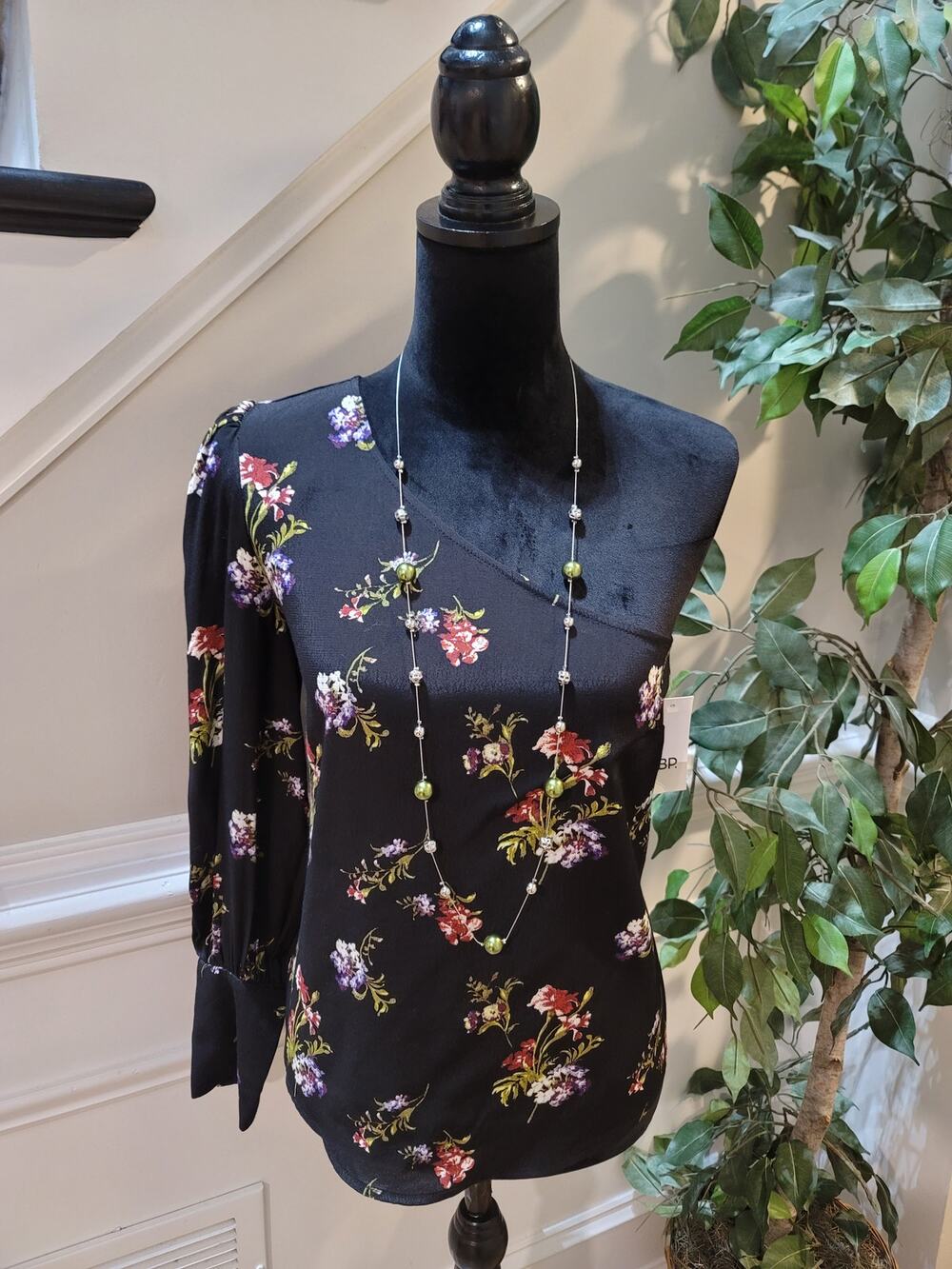 BP. Nordstrom Blouse Top Women's Small Black Floral Classic One Shoulder Neck